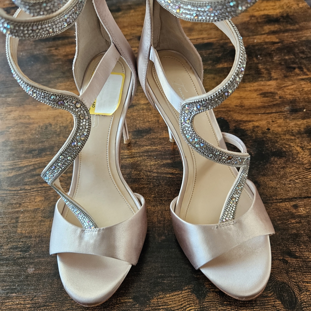 Vince Camuto Blush Satin Heeled Sandals with Rhinestone S-Straps
